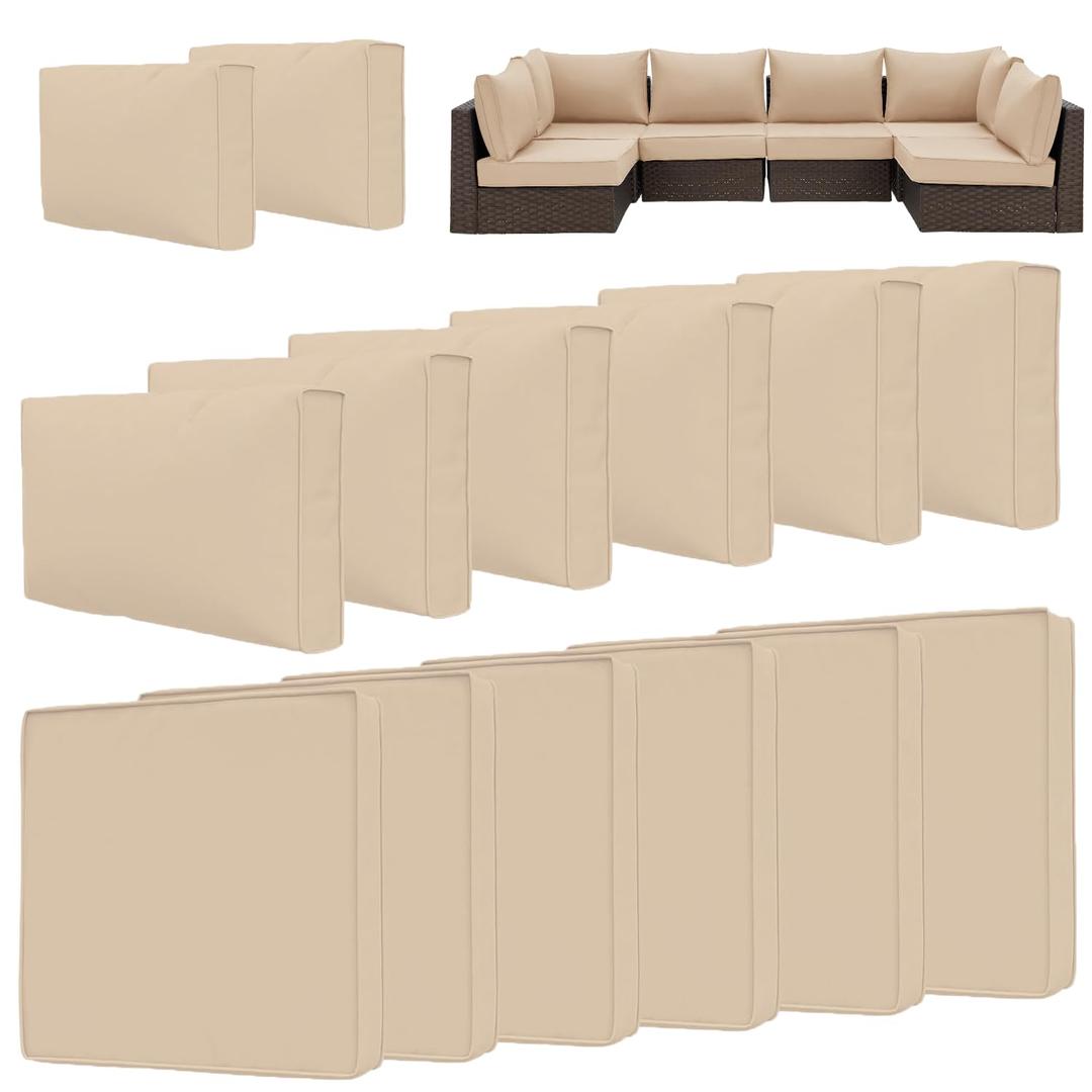 HOMREST 14-Piece Outdoor Cushion Covers Set for Patio Furniture, Reversible Double-Sided Sofa Slipcovers with Zipper, Water-Repellent Replacement Covers Only (Khaki, 25.625.63.9in)
