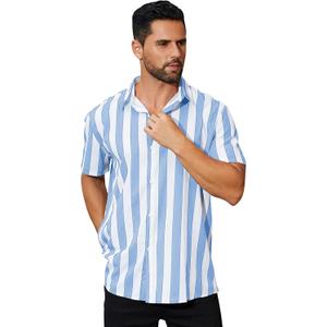 ABAFIP Men's Casual Striped Button Down Short Sleeve Shirt Summer Beach Hawaiian Button up Dress Shirts (Blue, XL)