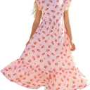PATPAT Girls Summer Dress for Kids Maxi Tween Girl Teen Floral Casual Short Sleeve Long Dresses with Pockets 5-14 Years (Pink, S)