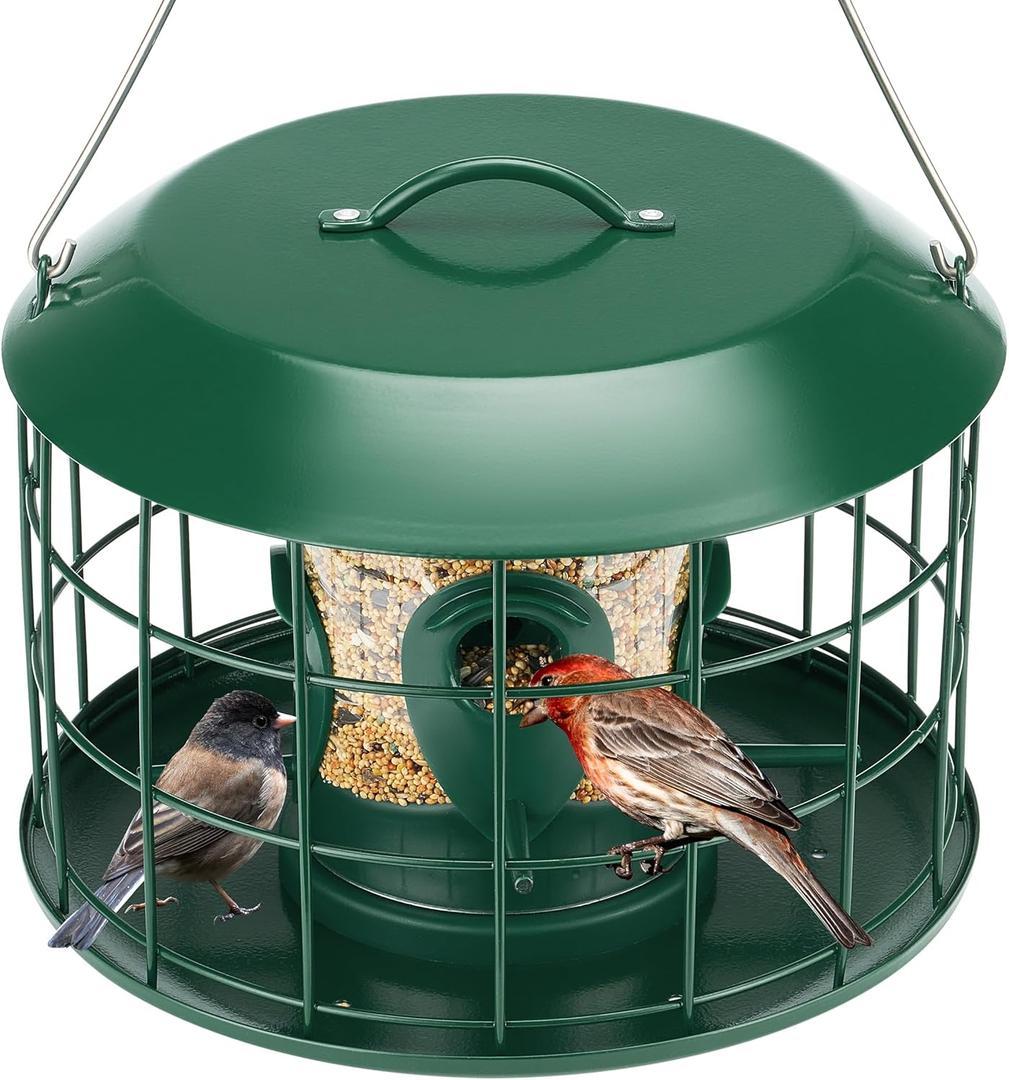 Kingsyard Tube Squirrel Proof Bird Feeders for Outdoor Hanging, Metal Caged Bird Feeder with Rain Proof Covered for Wildbirds Finches Bluebird, 4 Feeding Ports, Green