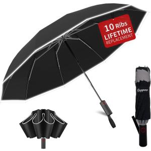 Rappeo 4-in-1 Inverted Travel Umbrella Compact, Automatic Large Umbrellas for Rain & Sun, Portable Windproof Umbrella for Backpack, Reverse Folding Umbrella for UV with Reflective Strips,Lightweight (Black)