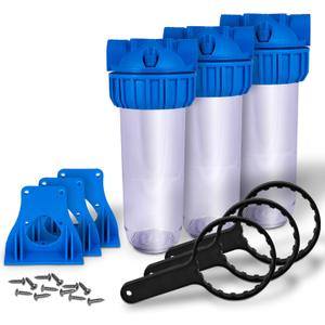 10 inch Transparent Standard Water Filter Housing, Presser Relief Button, 3/4 Inlet/Outlet Brass Port, Accepts Standard 10x 2.5 Cartridges, 3/4 Brass Port, Mounting Hardware Included (3 sets)