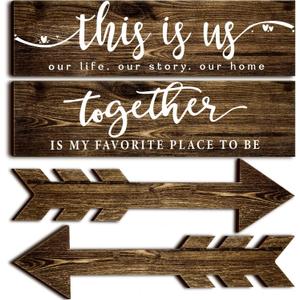 Jetec 4 Pcs Wooden Arrow Wall Decor This Is Us Our Life Rustic Family Signs for Home Wall Decor Home Wooden Hanging Sign for Farmhouse Living Room, 15 x 4 x 0.2 Inch(Brown)