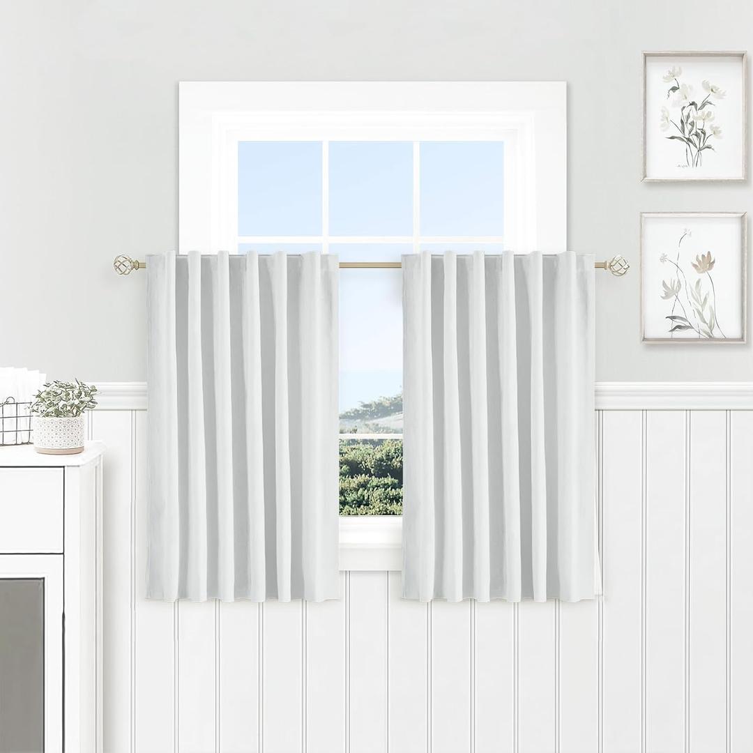 White Ivory Linen 100% Blackout Curtains 45 Inches Long 2 Panels Set for Kitchen Back Tab Thermal Insulated Black Out Linen Drapes Room Darkening Short Window Curtains 45 Inch Length