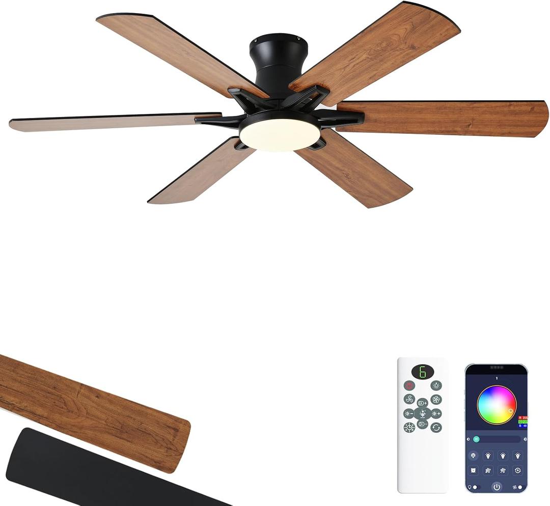 52 Inch Ceiling Fans with Lights, Low Profile Ceiling Fan with Light and Remote, Quite DC Motor,Flush Mount, 3CCT, Dimmable, Brown RGB Ceiling Fan for Bedroom, Living Room, Indoor/Outdoor Use