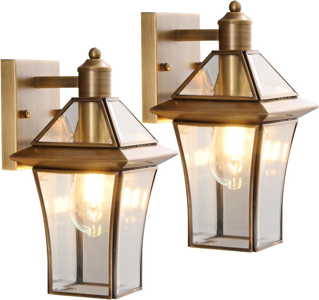 Waterproof Brass Outdoor Wall Lanterns (2-Pack) - E26 Socket & Glass Shade Exterior Wall-Mounted Lights, Rustproof Modern Sconces for Front Door, Porch, Yard & Entryway