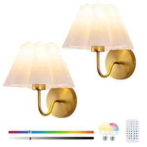 EIDEARAY Battery Operated Wall Sconces Sets of 2, Indoor not Hardwired White Fabric lampshade Fixtures,Rechargeable Wireless 10 Colors Wall Lights with Dimmable Remote Control