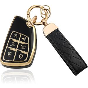 Aoocar 6 Button TPU Key Fob Cover with Leather Keychain, Compatible with 2021 2022 2023 2024 2025 2026 GMC Yukon Denali Sierra, Fit for Chevy Silverado Suburban Tahoe Buick etc, Black