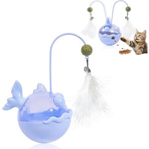 Cat Interactive Toys,Wobble Kitten Treat Dispensing Ball with Catnip and Feathers, Indoor Puzzle Slow Feeding, Cats Treat Dispenser Kicker Toy for Large, Medium and Small Cats (Blue, Fish