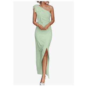 PRETTYGARDEN Summer One Shoulder Long Formal Women's Dress Sleeveless Ruched Bodycon Wedding Guest Slit Maxi Dresses, Medium