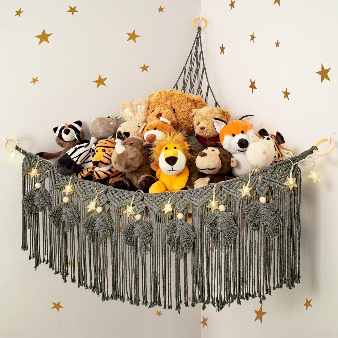 ANROYE Macrame Stuffed Animal Hammock with Star Light, Bear Storage Net for Girls Room Decor, Corner Hanging Mesh Organizer Idea for Nursery, Plushies Toy Wall Hanging Display Holder Kid Boy Gift