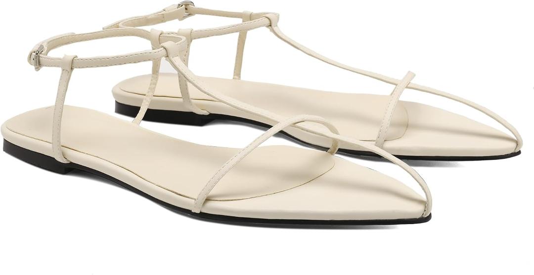 VorisVina Black Flat Sandals for Women Adjustable Metallic Buckle Ankle Strap Slide Sandals Comfortable Pointed Open Toe Slip on Sandal, 9 (Beige)