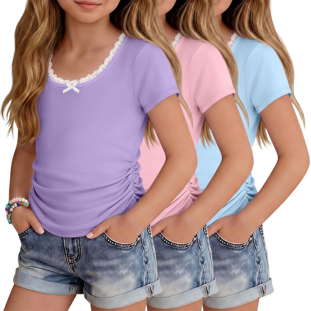 Custoneei 3 Pack Girls Short Sleeve Tees, 3-Color, 11-12 Years