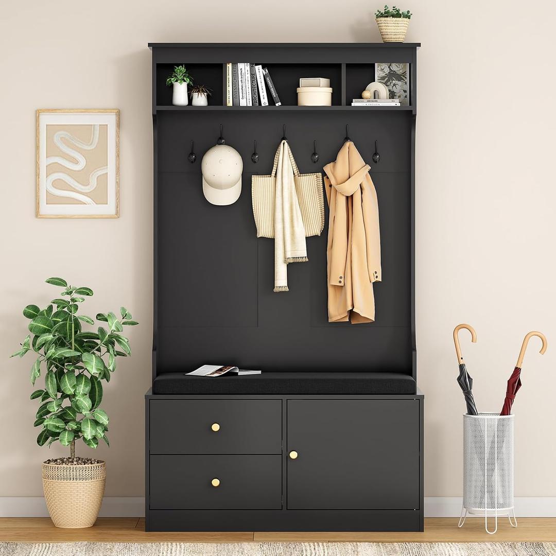 Hall Tree with Storage, Coat Rack with Shoe Storage, 6-in-1 Farmhouse Hall Tree with 7 Hooks, Shoe Rack with Coat Rack for Entryway, Hallway, 70.9 Inch, Black