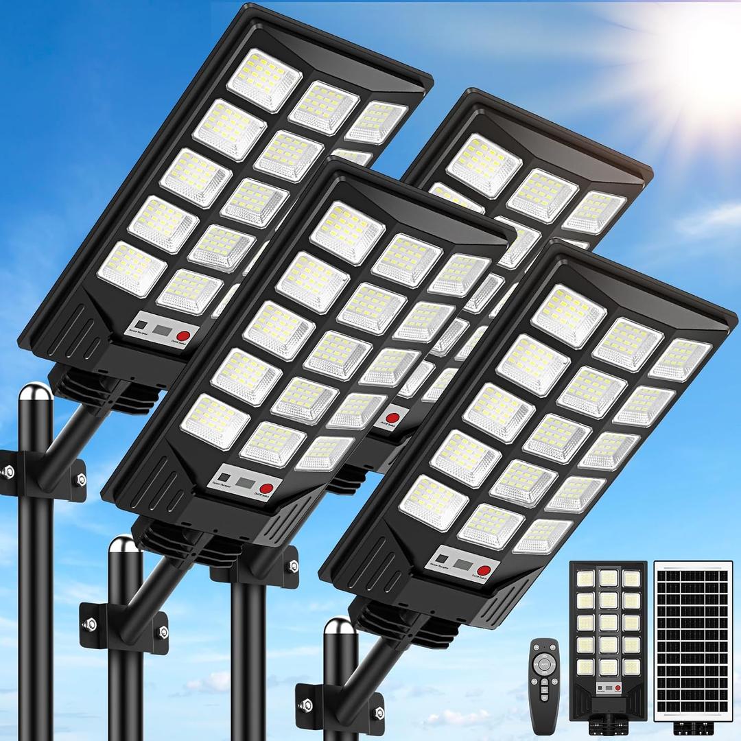 Solar Street Lights Outdoor Waterproof, 30000LM 6500K LED Motion Sensor Lights, Solar Flood Lights with Remote, Dusk to Dawn Solar-Powered Parking Lot Light, Commercial Area Lighting for Yard, 4-Pack