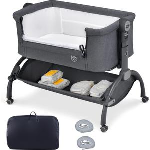 BABY JOY Baby Bassinet, 3-in-1 Rocking Bassinet w/Storage Basket, Double-Lock Design, 7 Adjustable Heights, Soft Mattress & Portable Travel Bag, Bassinet Bedside Sleeper for Newborns Infants (Gray), Twin