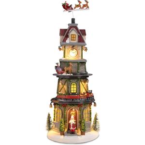 Taman Christmas Village Collectible Buildings, Clock Tower Figurine with Revolving Train Music, Warm Light Christmas Ornaments for Holiday Decorations