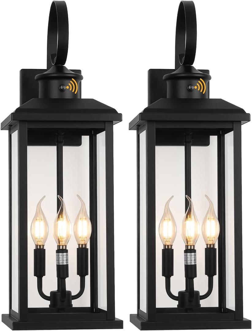 24" Dusk to Dawn Outdoor Wall Light Fixture 2 Pack-Black Extra Large Modern Porch Lantern 3-Light, Waterproof Exterior Lighting Sconce Wall Mount, Outside Lamp for Entryway Garage Coach E12 Base