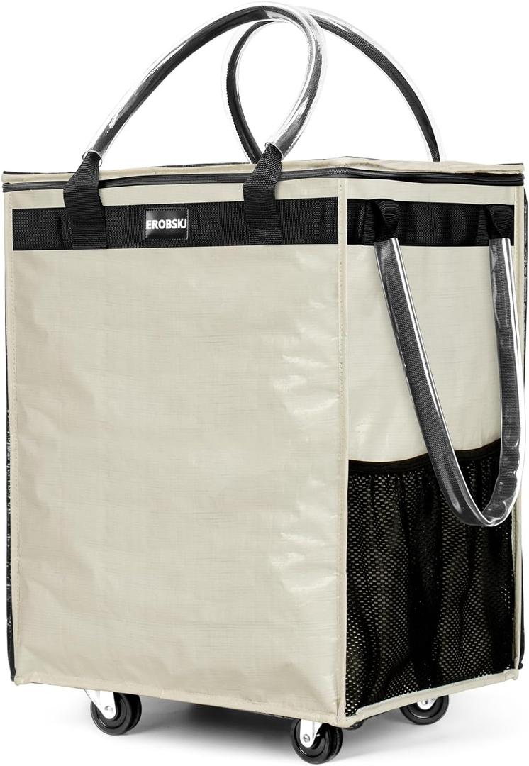 (Medium,Beige) Reusable Grocery Bag on Wheels, Foldable Rolling Tote, Carries Up to 66 lbs Shopping Trolley, Zipper Clouser Shopping Carts for Trips, Laundry, 4 Heavy Duty Wheels and 3 Handles