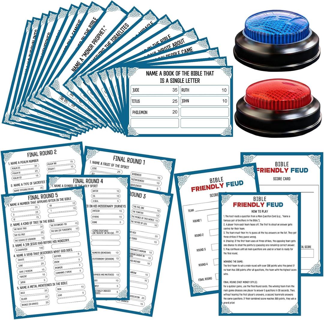Christian Bible Family Feud Game with 2 Buzzers,Religious Trivia Quiz Card Game for Church Groups,Easter Parties,Team Building & Family Game Night