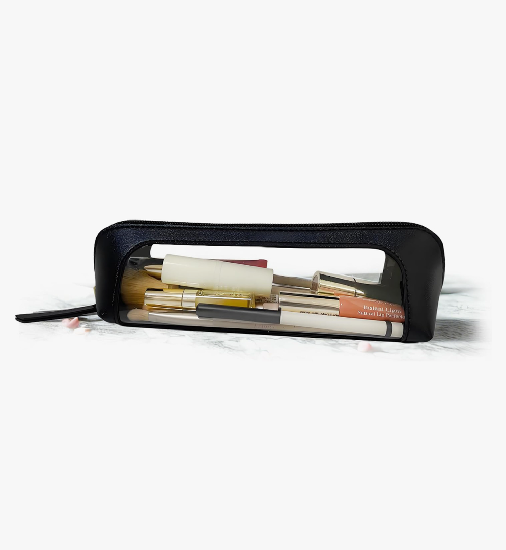 Clear Makeup Brush Bag Case,Leather Travel Make up Brush Holder, Portable MakeupBrush Case, Make Up Brush Pouch for Makeup Tools, Cosmetic Organizer with Zipper (Black)