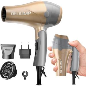 Travel Hair Dryer Blow Dryer with Diffuser, Portable Small Dual Voltage Compact Hairdryer, EU Plug, 1875W Powerful Fast Dry, Folding Handle, Diffuser Hair Dryer Rose Gold