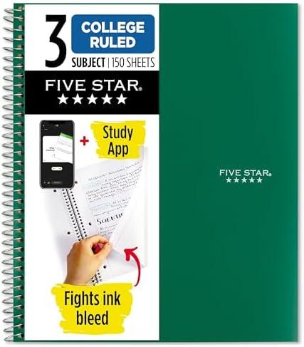 Five Star Spiral Notebook + Study App, 3 Subject, College Ruled Paper, Fights Ink Bleed, Water Resistant Cover, 8-1/2" x 11", 150 Sheets, Green (72067)