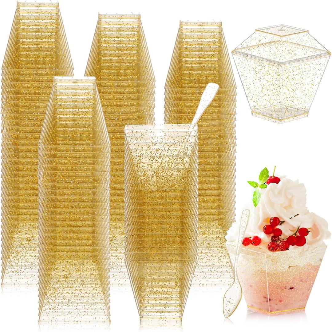 Zhehao 300 Pieces 2 oz Mini Plastic Dessert Cups with Spoons and Lids Small Square Disposable Cups Glitter Clear Banana Pudding Cups Serving Tasting Bowls for Appetizer Birthday Wedding Party(Gold)