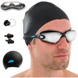 5 in1 Swim Goggles Set with Cap, Earplugs, Nose Clip & Case  Anti-Fog UV Protection Goggles for Men & Women (Grey)