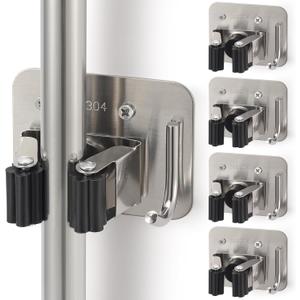 Broom Holder Wall Mount Screw Drilling, Sturdy Heavy Duty Stainless Steel Mop Gripper Rack Perforated, Perfect for Laundry Room Organizer, Fit with Laundry Kitchen Garage Garden Storage System (Silver-Black)