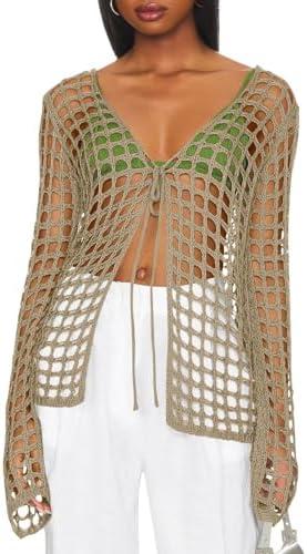 Saodimallsu Womens Long Sleeve Swimsuit Coverup Crochet Hollow Out Tie Front Swim Cover Up Knit Cardigan, Medium