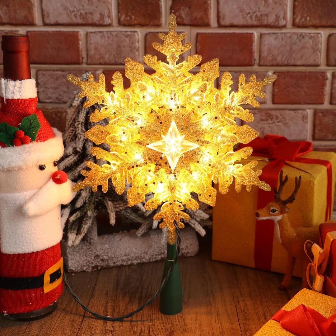 Brizled Lighted Tree Topper, 9.25 Gold Glitters Plated Snowflake Christmas Tree Topper with 20 Count Warm White Lights, UL Listed Plugin Xmas Treetop for Xmas Home Holiday Decorations
