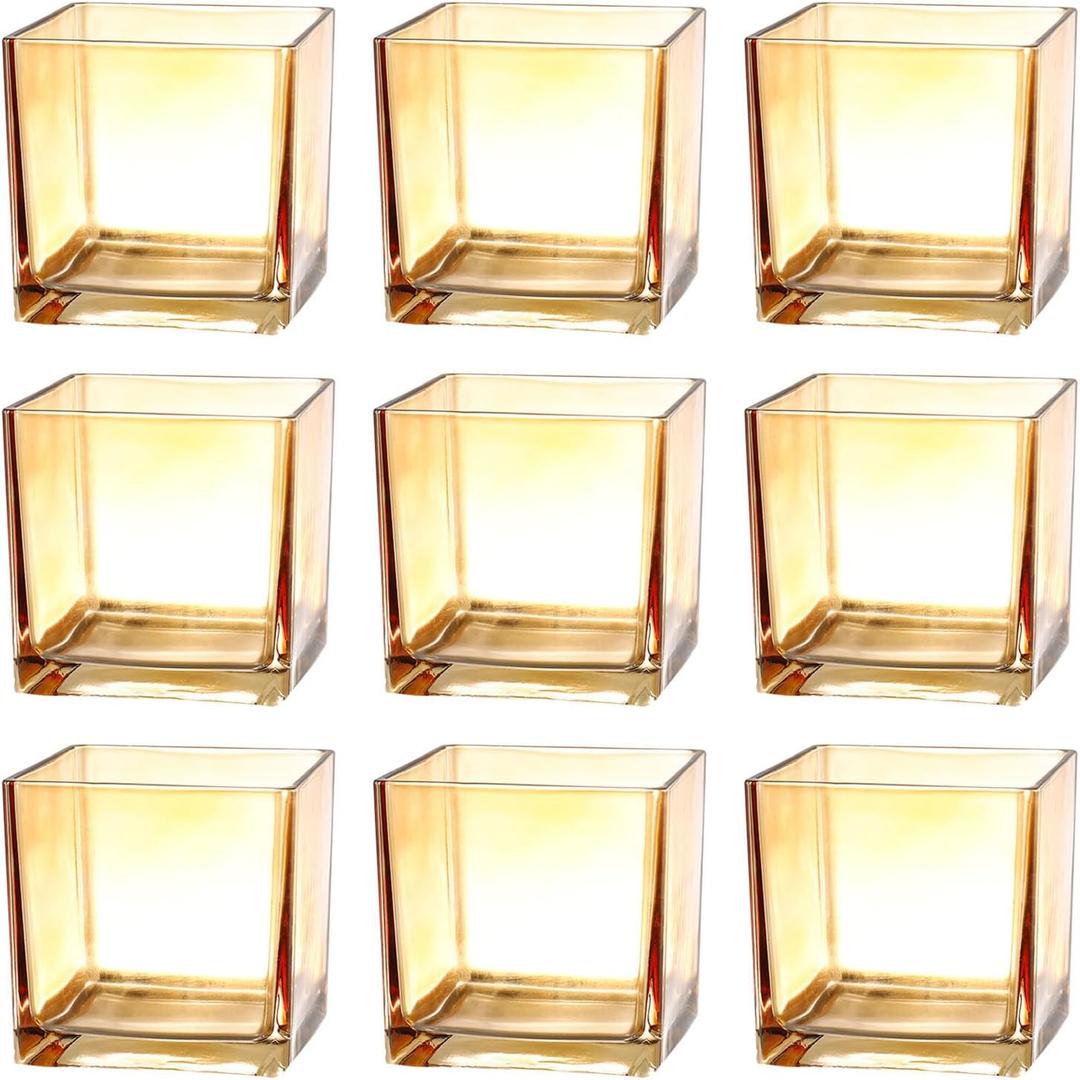 Square Glass Vases Set of 9, 4"x 4"x 4" Flower Vases for Centerpieces, Amber Glass Vase for Flowers, Small Vase for Wedding, Party, Home Office Decoration