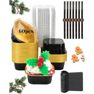 YQER 60 Pack 10oz Mini Cake Pans with Lids, Spoons, Stickers - Disposable Square Brownie Baking Cups - Individual Small Aluminum Foil Loaf Tins for Muffin, Ramekins, Cupcake - Catering, Gift, Black