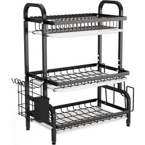 1Easylife Drying Rack, Metal 3-Tier Large Capacity Dish Rack with Utensil Holder, Cutting Board Holder, Drain Board Tray for Kitchen Counter Storage (Black)