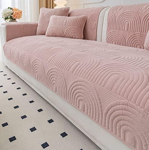 vctops Velvet Plush Couch Sofa Cover Geometric Quilted Sectional Couch Covers Non Slip Fluffy Soft Sofa Slipcover for Dogs, Children, Pets Furniture Protector (Pink,36"x28")