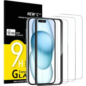 NEW'C 3 Pack Designed for iPhone 16, iPhone 15 Screen Protector (6.1 inches),Enhanced Tempered Glass Protection with Easy Installation Tool Included,Ultra Resistant (Transparent)
