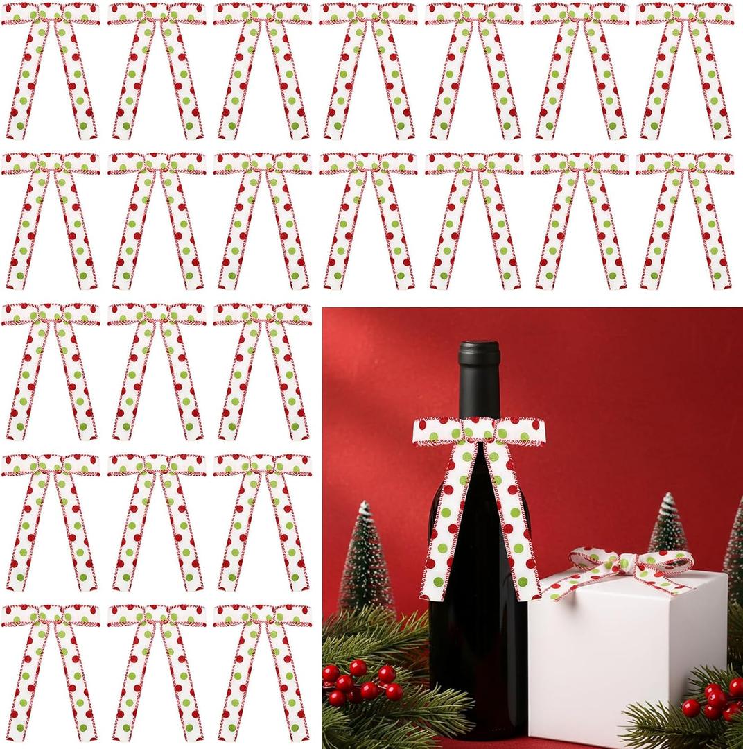 24 Pcs Christmas Bows Decoration 0.8 Inch Widened Polka Dot Ribbon Bow Red Green White Velvet Wreath Bow Thin Christmas Bows Twist Tie Garland for Xmas Tree Party Decor