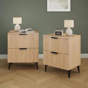 Wood Night Stand Set 2 Fluted Dresser for Bedroom 2 Drawers End Tables Nightstands Set of 2, Storage Modern Bedside Table Set of 2, Oak Nightstand