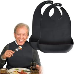 Kinggrand Kitchen Adult Bibs for Men, Women - Silicone Adult Bibs for Elderly - Washable Bib with Crumb Catcher - Black, 3 Pack