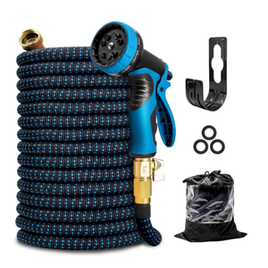 Kotto 75 ft Flexible Garden Hose, Water Hose for Outside with 10 Spray Nozzles, Brass Connector, Leak-Proof, Blue