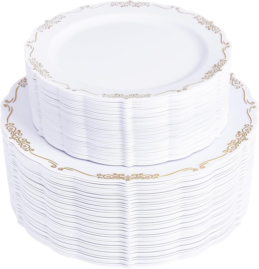 U-QE 100PCS Gold Plates Disposable - Heavy Duty White and Gold Plates Including 50PCS 10'' Dinner & 50PCS 7.5'' Dessert Plates Perfect for Upscale Party, Wedding