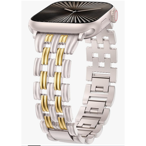 Minyee Compatible with Apple Watch Band Women 42/41/40/38/44/45/46/49mm, Dressy Starlight Gold Shiny Basketweave Designer Stainless Steel Metal Strap for iWatch Series 11 10 9 8 7 6 5 3 2 1 SE Ultra