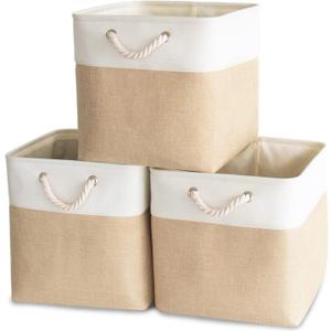 HOdo Home 3PCS Fabric Storage Bin with Drawstring Closure and 2 Bold Handles, Collapsible Large Canvas Storage Baskets for Organizing Shelf Nursery Home (White and Yellow, 13L13W13H) (131313in/3-Pack)