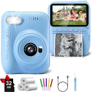 Kids Camera Instant Print, 3.0" HD 32MP Birthday Gifts for 3-12 Year Old Girls Boys, 1080P Digital Camera for Toddler Children, Portable Toy with 32GB SD Card-Blue