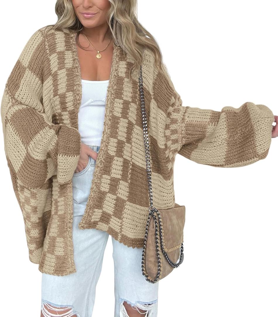 BTFBM Casual Cardigan Sweater for Women Fall 2026 Long Sleeve Open Front Chunky Knit Sweaters Checkered Outwear Coat (Small, Khaki)