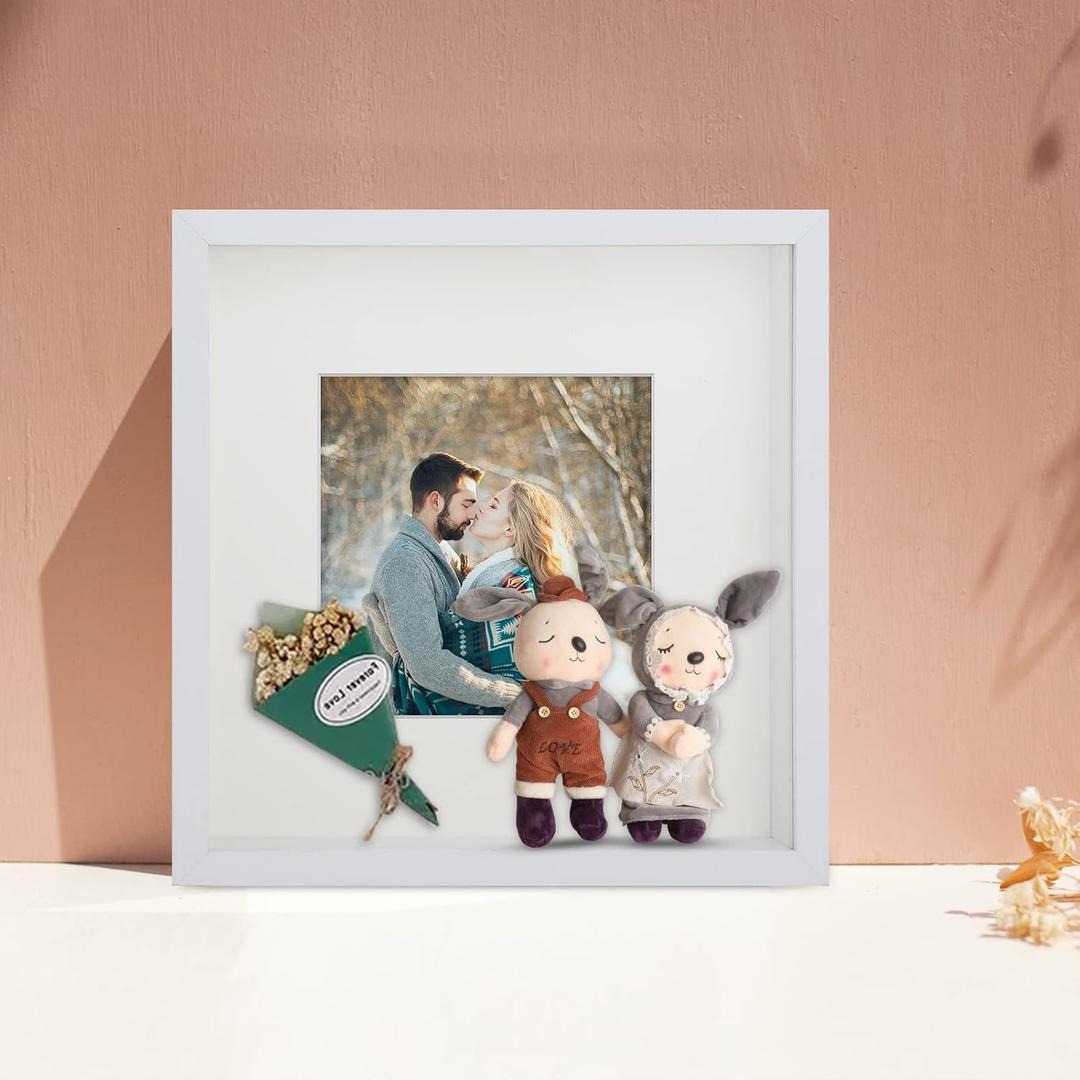 Shadow Box Frame, 9x9 3D Picture Frame with Cream-Colored Mat for 5x5 Photos, Shadowbox Display Cases with Real Transparent Glass - White/ 1.2 Inch Depth, 1 Pack