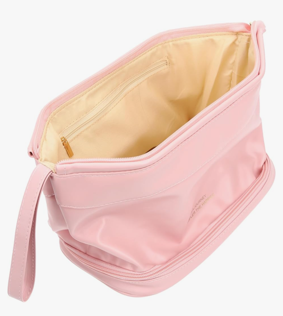 Leather Makeup Bag for Women Double Travel Toiletry Organizer Portable Zipper Pouch for Cosmetics and Sundries for Daily Use and Travel