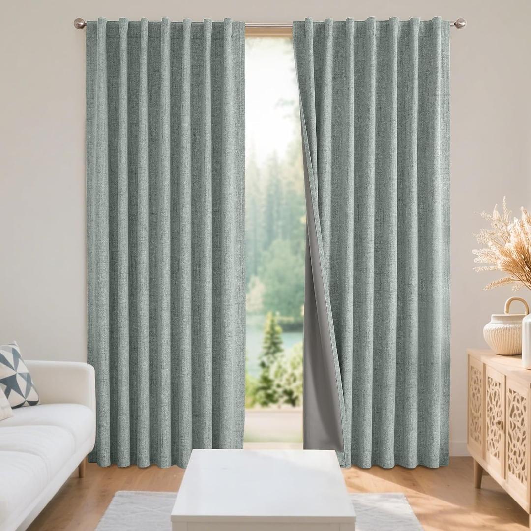 Joydeco 100% Blackout Curtains for Bedroom - Natural Linen Curtains 52" W x 84" L Long, Thermal Insulated 2 Panels Light Blocking Drapes, Rod Pocket & Back Tabs, Darkening Privacy for Living Room (Sage Green)