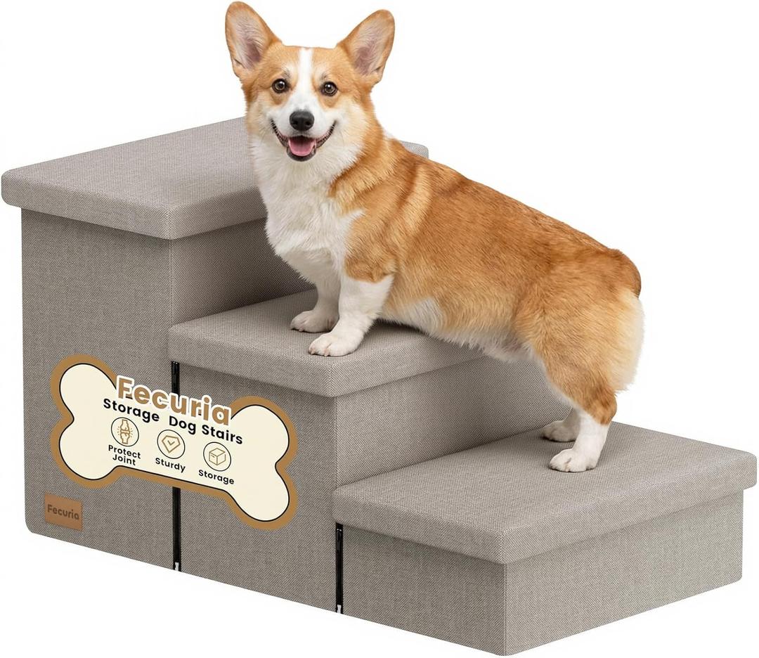 3-Step Wide Dog Stairs with Hidden Storage 18" H, Non-Slip Dog Steps for High Bed Couch Window Car, Jiont-Friendly Pet Stairs Ramp for Small/Medium/Large Old Dogs Cats Up to 220lbs, Grey